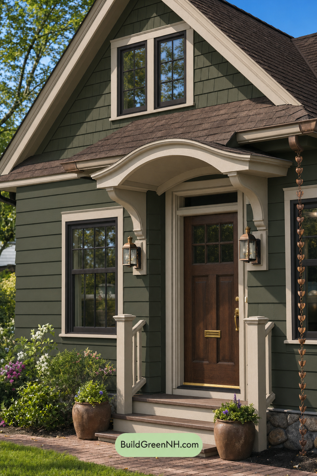 Earthy Green Cottage House Exterior Color Scheme: Moss And Copper