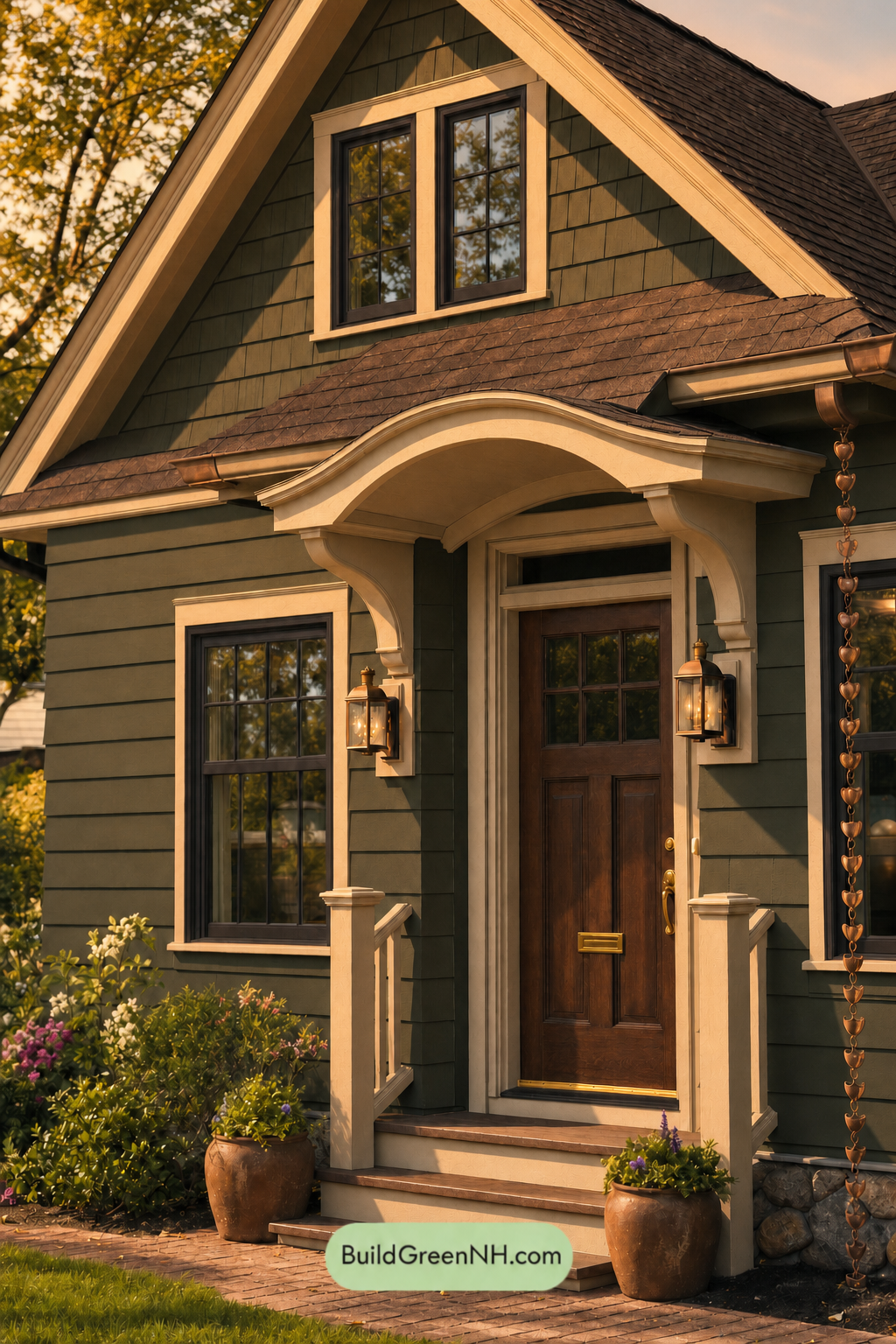 Earthy Green Cottage House Exterior Color Scheme: Moss And Copper - Golden Hour