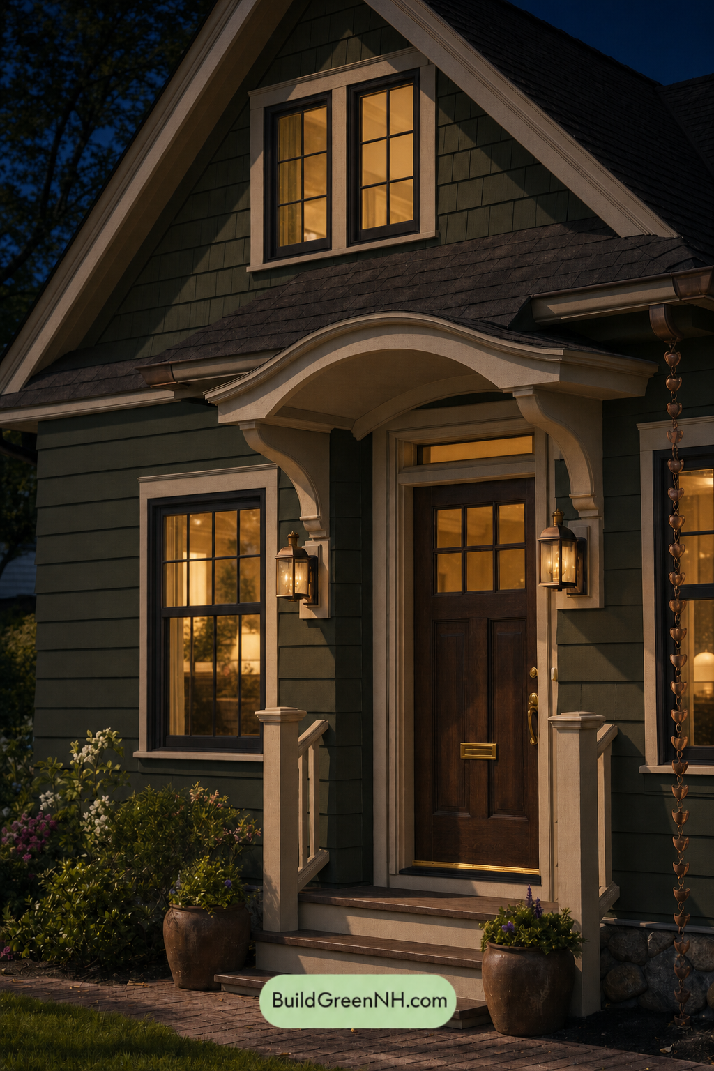 Earthy Green Cottage House Exterior Color Scheme: Moss And Copper - Nighttime