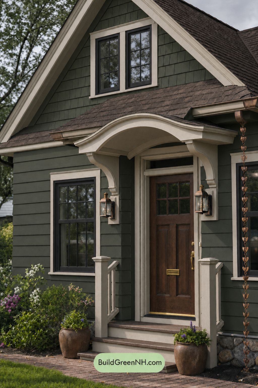 Earthy Green Cottage House Exterior Color Scheme: Moss And Copper - Overcast