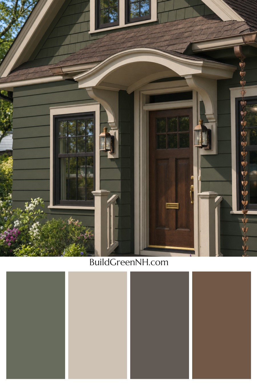 Earthy Green Cottage House Exterior Color Scheme: Moss And Copper