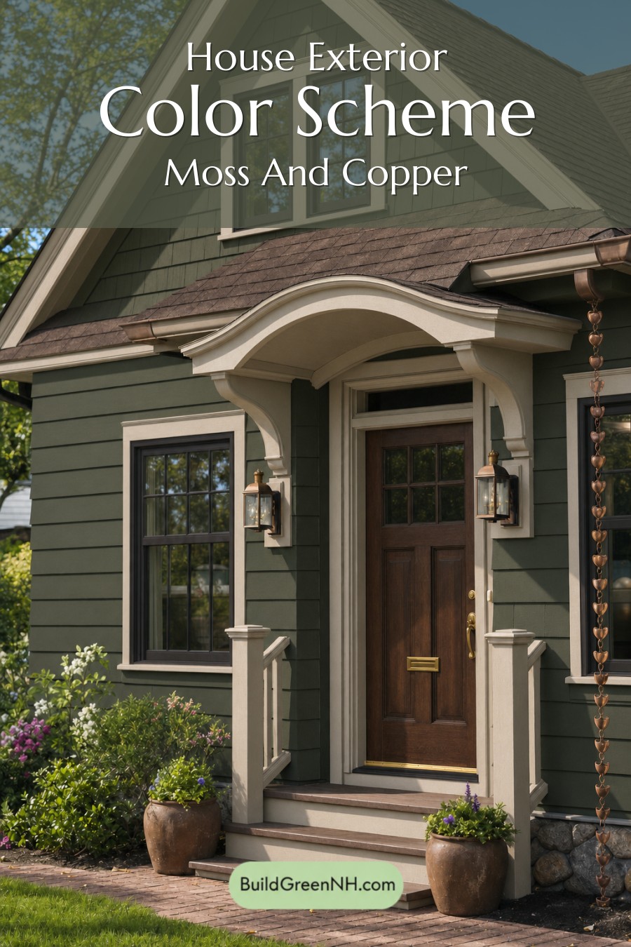 Earthy Green Cottage House Exterior Color Scheme: Moss And Copper