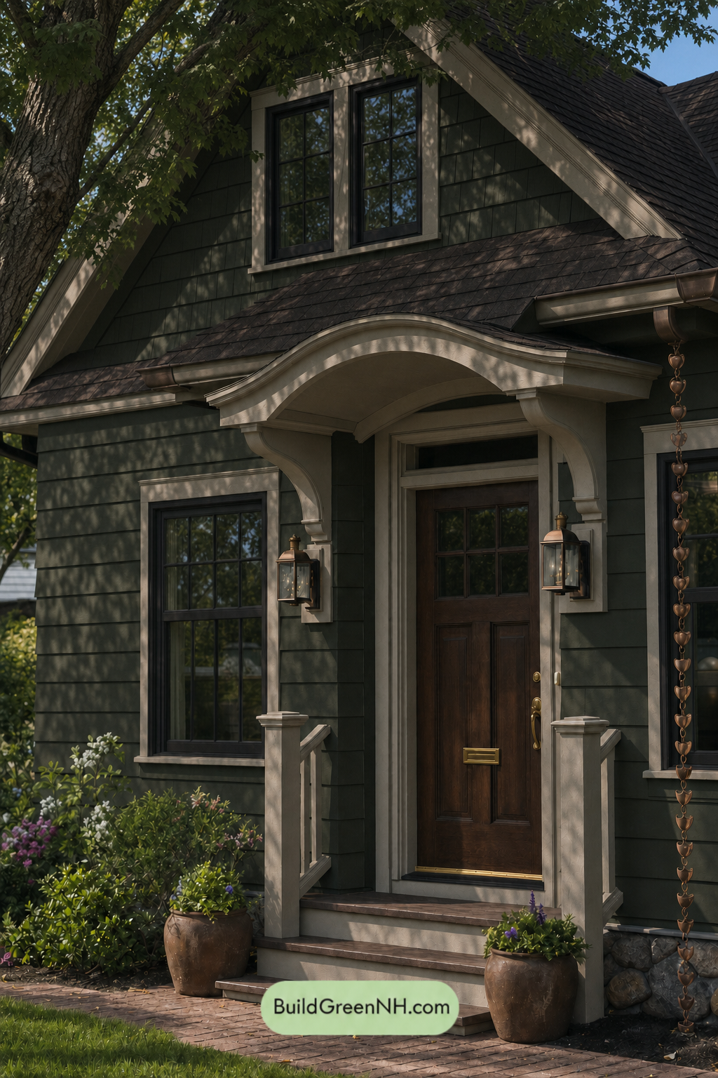 Earthy Green Cottage House Exterior Color Scheme: Moss And Copper - Shade
