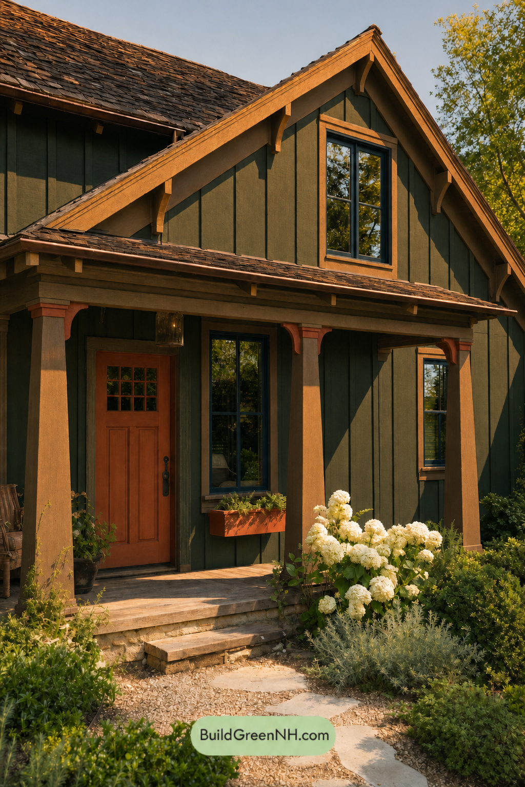 Earthy Green Cottage House Exterior Color Scheme: Olive Clay Welcome - Golden Hour