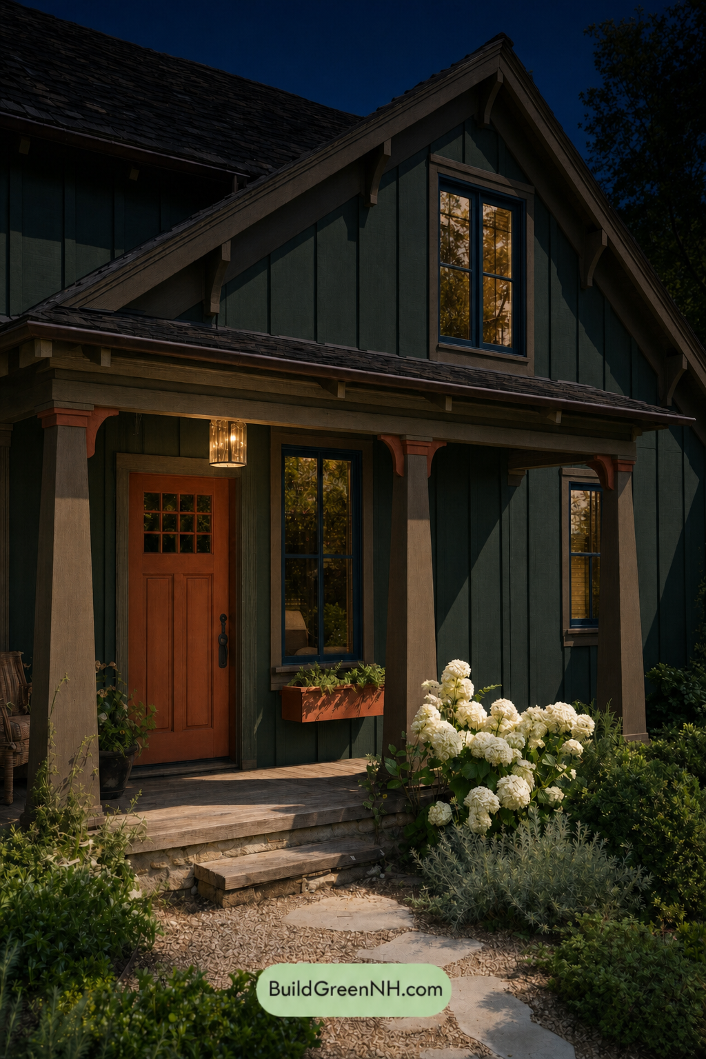 Earthy Green Cottage House Exterior Color Scheme: Olive Clay Welcome - Nighttime