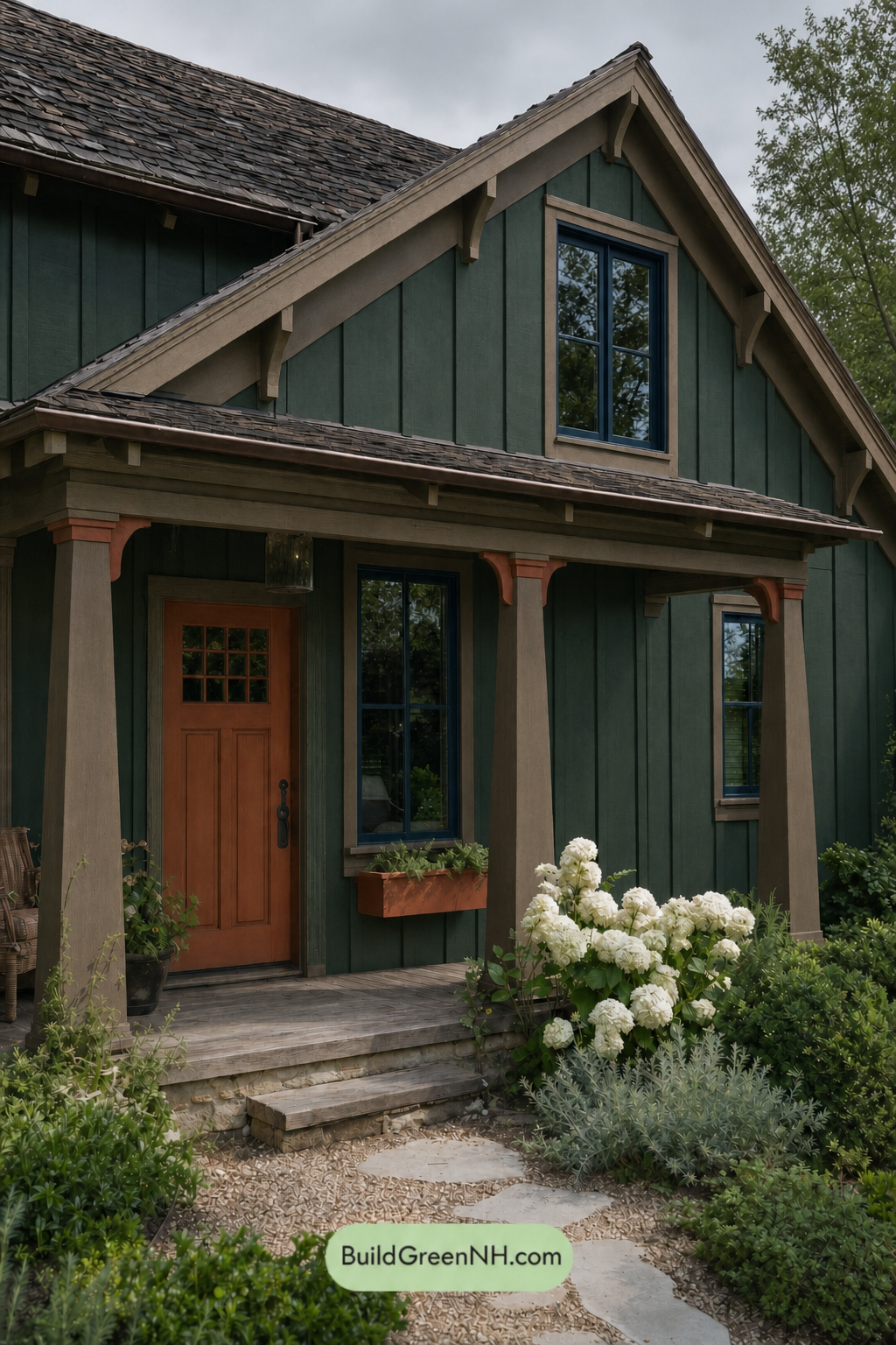 Earthy Green Cottage House Exterior Color Scheme: Olive Clay Welcome - Overcast