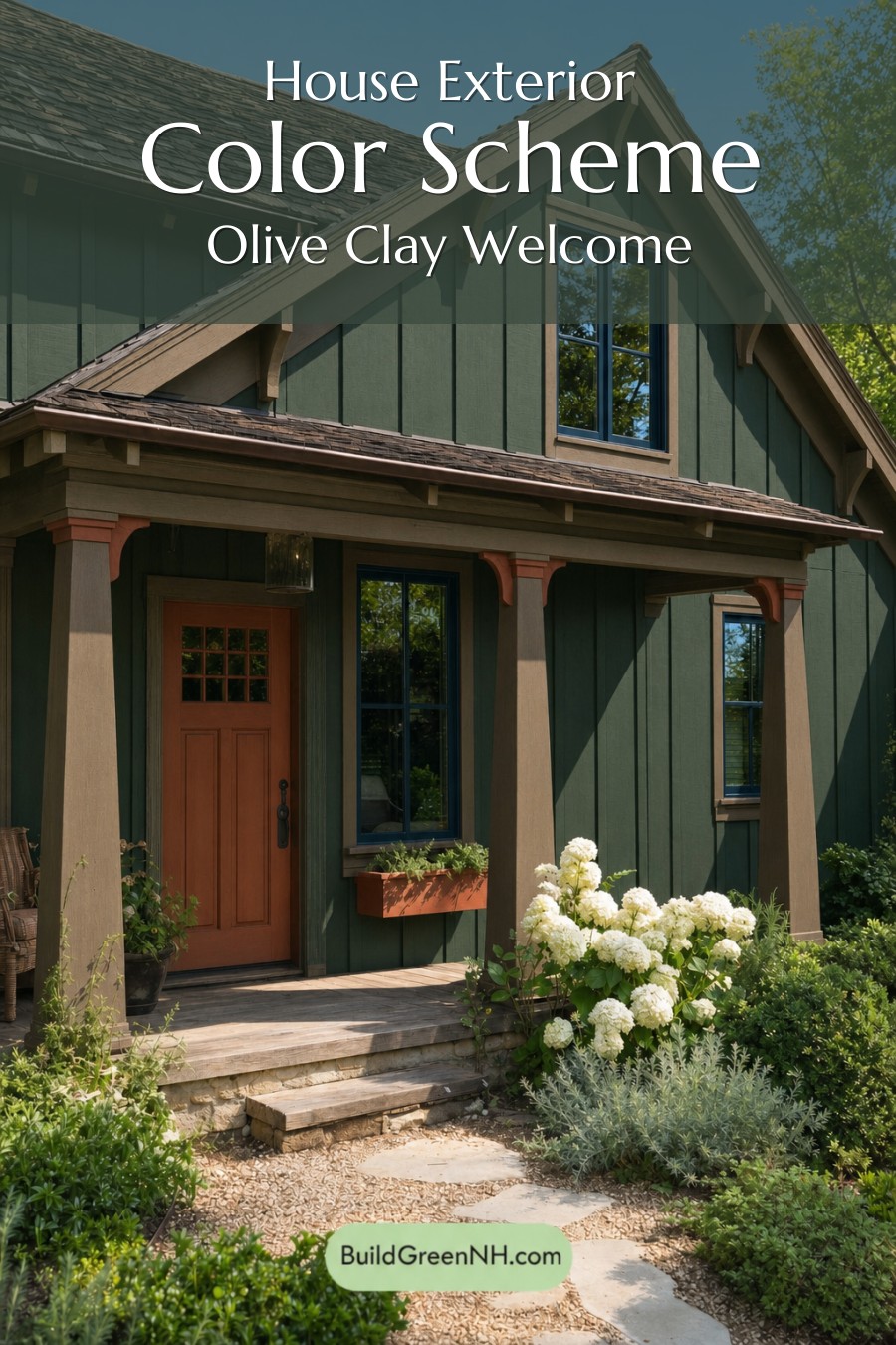 Earthy Green Cottage House Exterior Color Scheme: Olive Clay Welcome