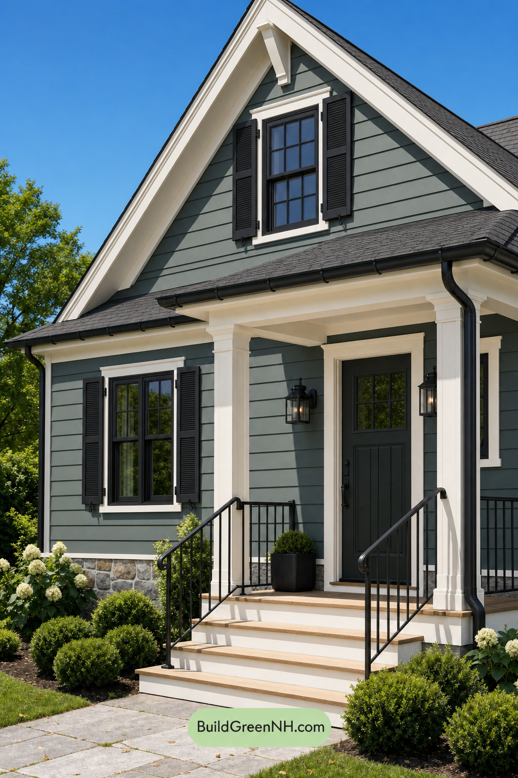 Earthy Green Cottage House Exterior Color Scheme: Pine Black Satin