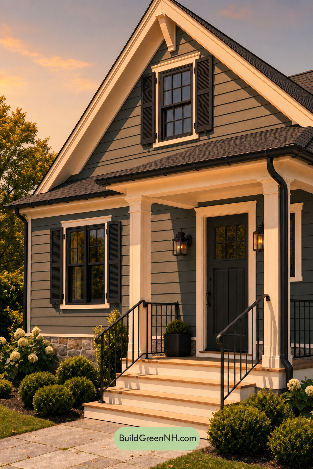Earthy Green Cottage House Exterior Color Scheme: Pine Black Satin - Golden Hour