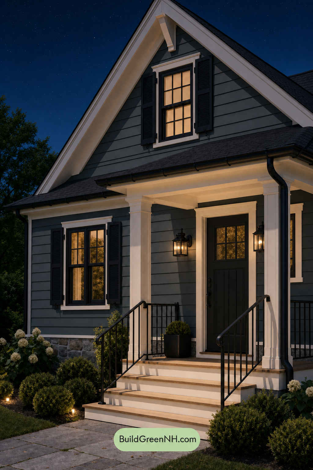Earthy Green Cottage House Exterior Color Scheme: Pine Black Satin - Nighttime