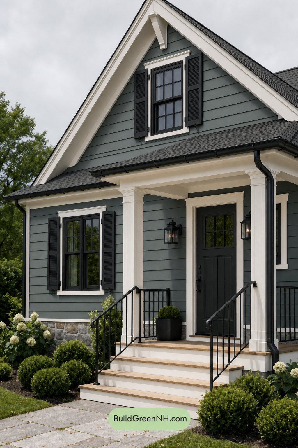 Earthy Green Cottage House Exterior Color Scheme: Pine Black Satin - Overcast