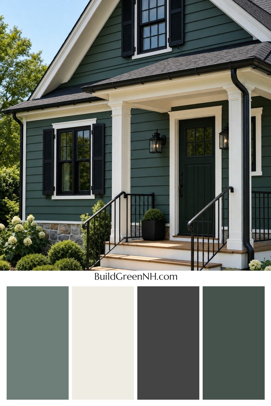 Earthy Green Cottage House Exterior Color Scheme: Pine Black Satin