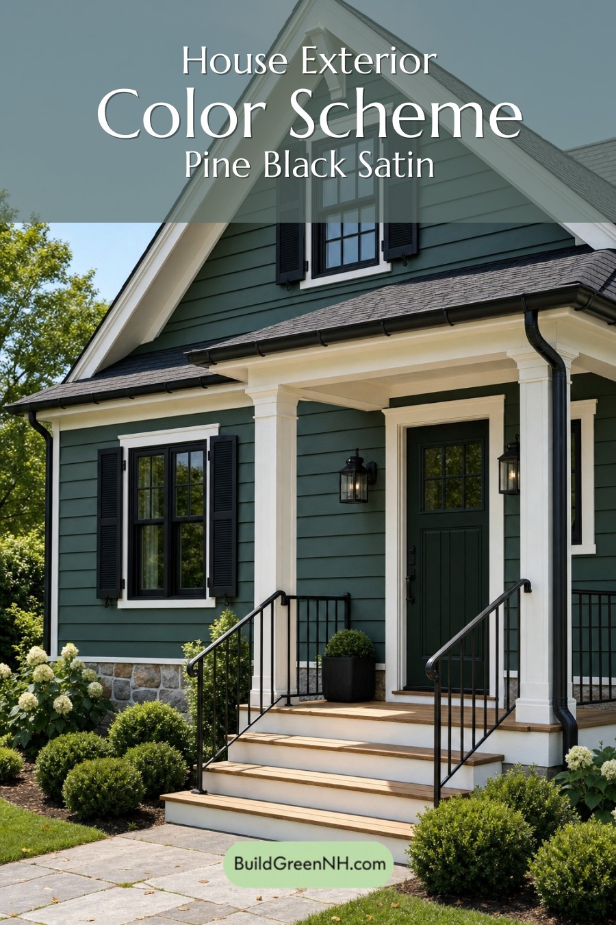 Earthy Green Cottage House Exterior Color Scheme: Pine Black Satin