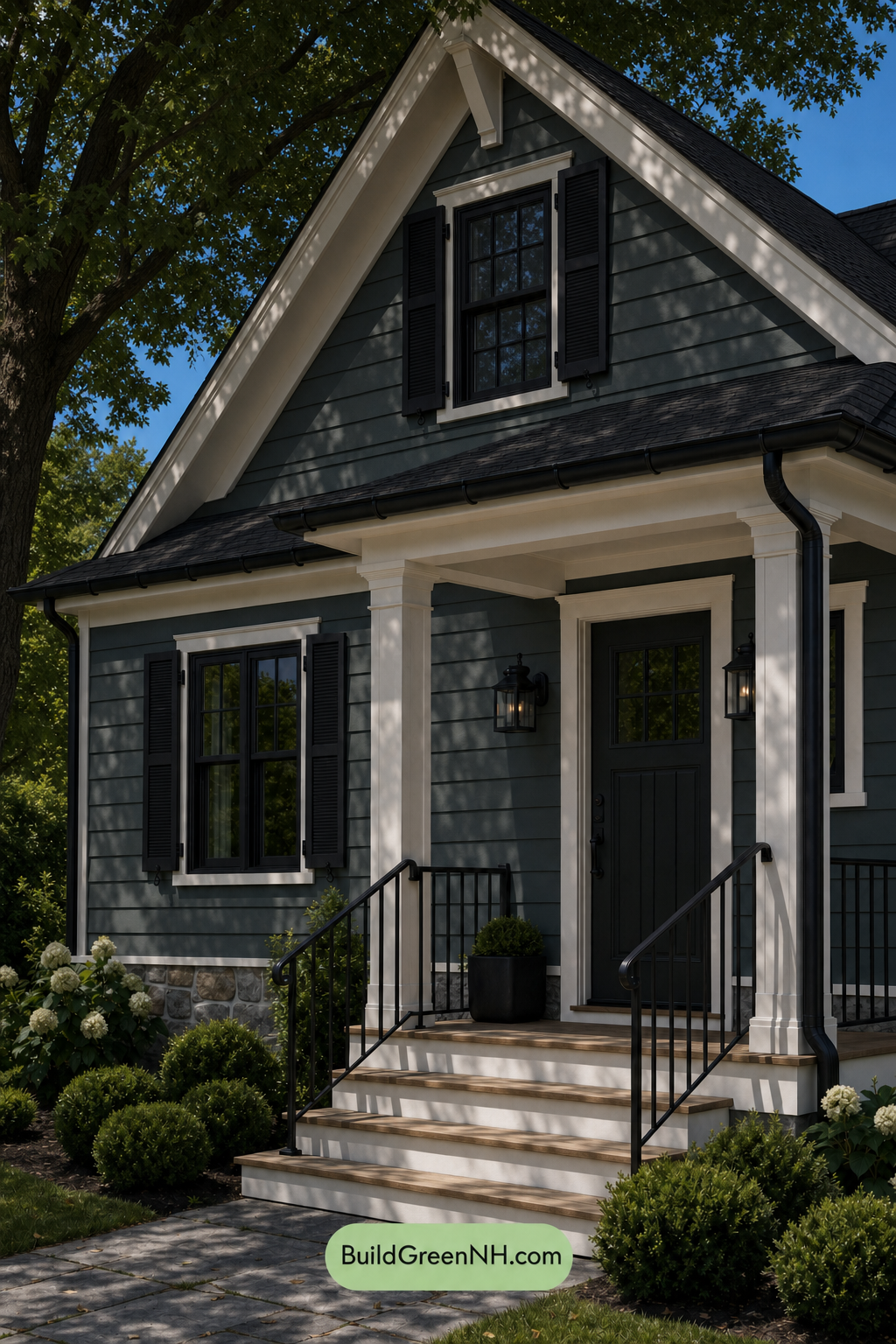 Earthy Green Cottage House Exterior Color Scheme: Pine Black Satin - Shade