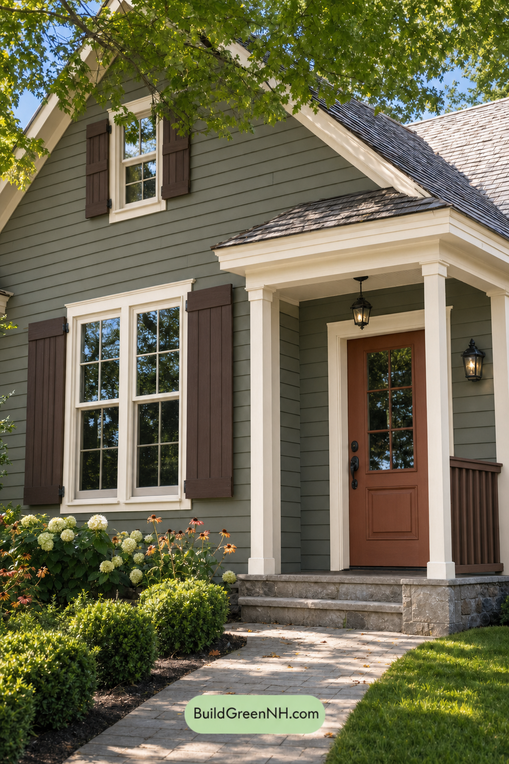 Earthy Green Cottage House Exterior Color Scheme: Sage Oatmeal Eaves