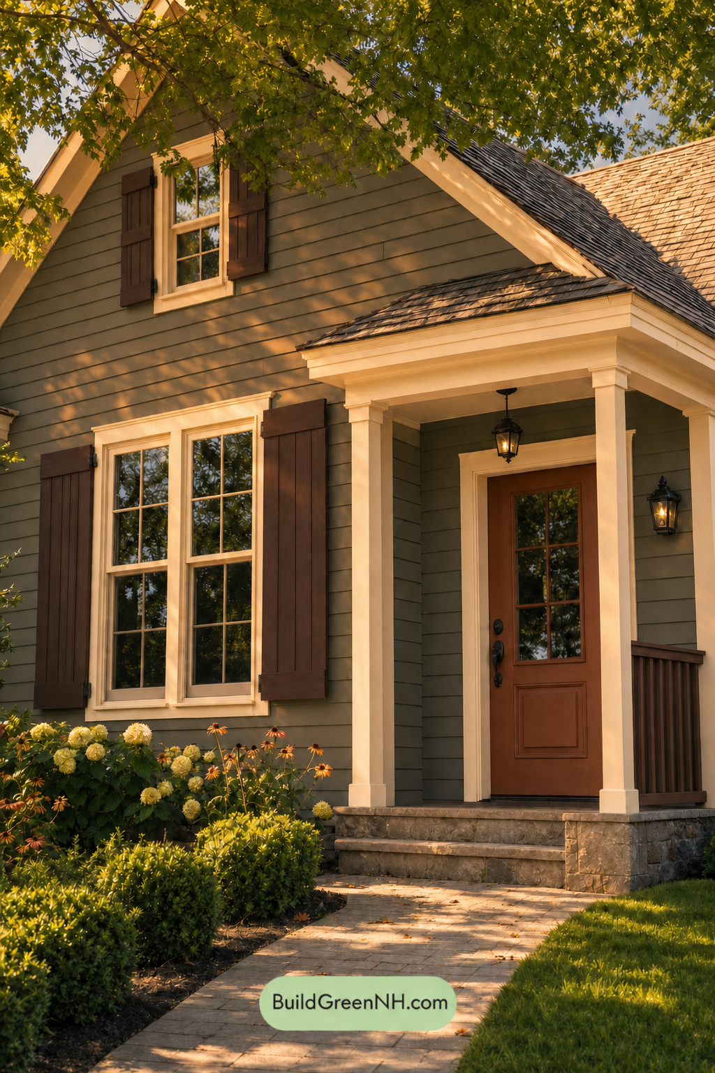 Earthy Green Cottage House Exterior Color Scheme: Sage Oatmeal Eaves - Golden Hour
