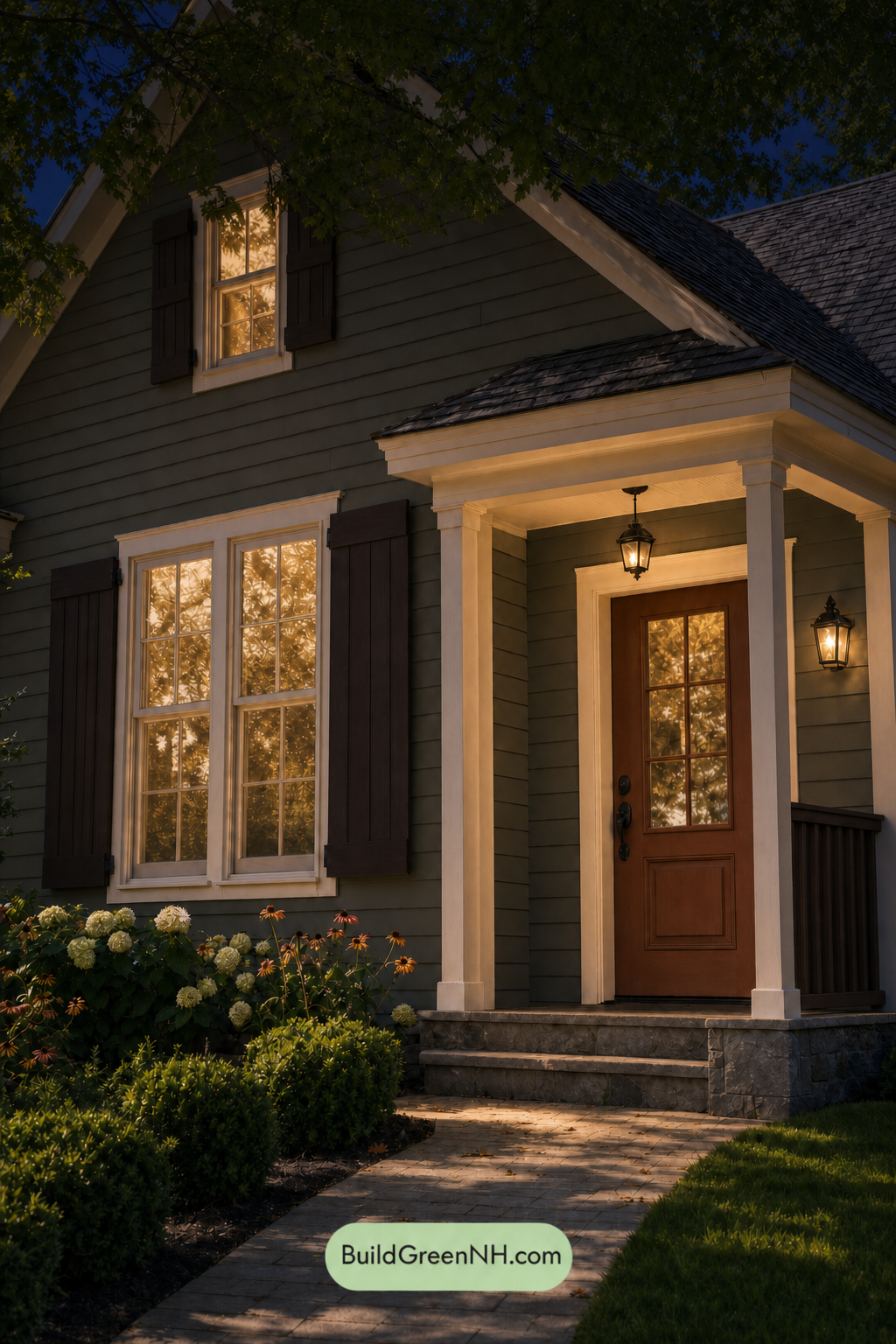 Earthy Green Cottage House Exterior Color Scheme: Sage Oatmeal Eaves - Nighttime