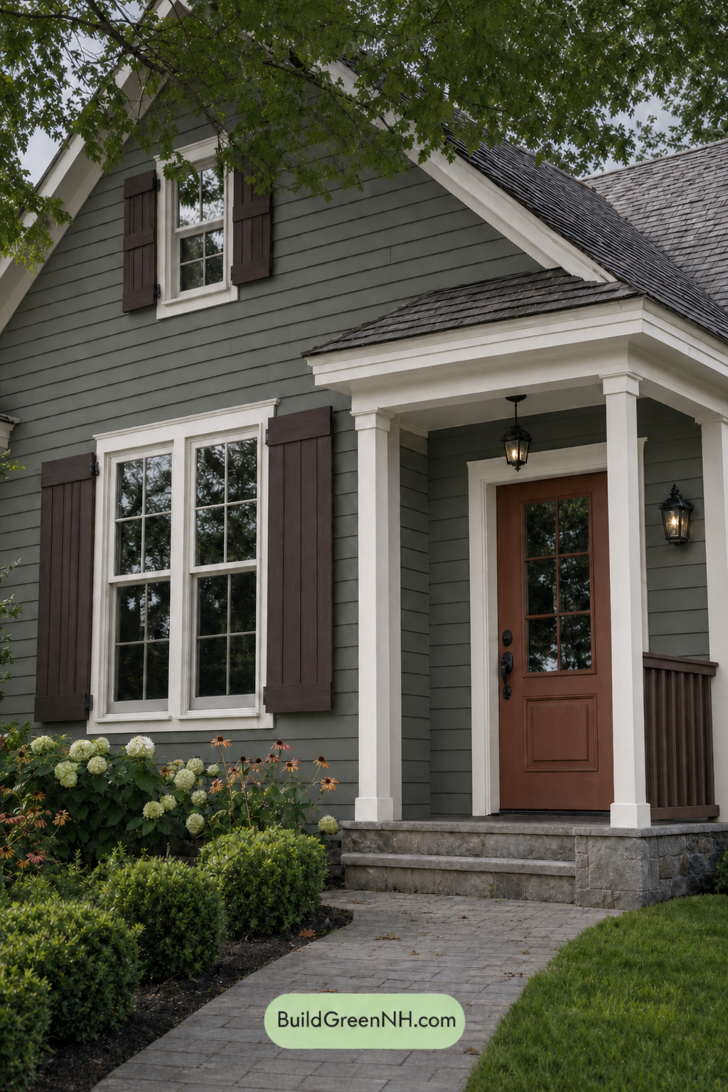 Earthy Green Cottage House Exterior Color Scheme: Sage Oatmeal Eaves - Overcast