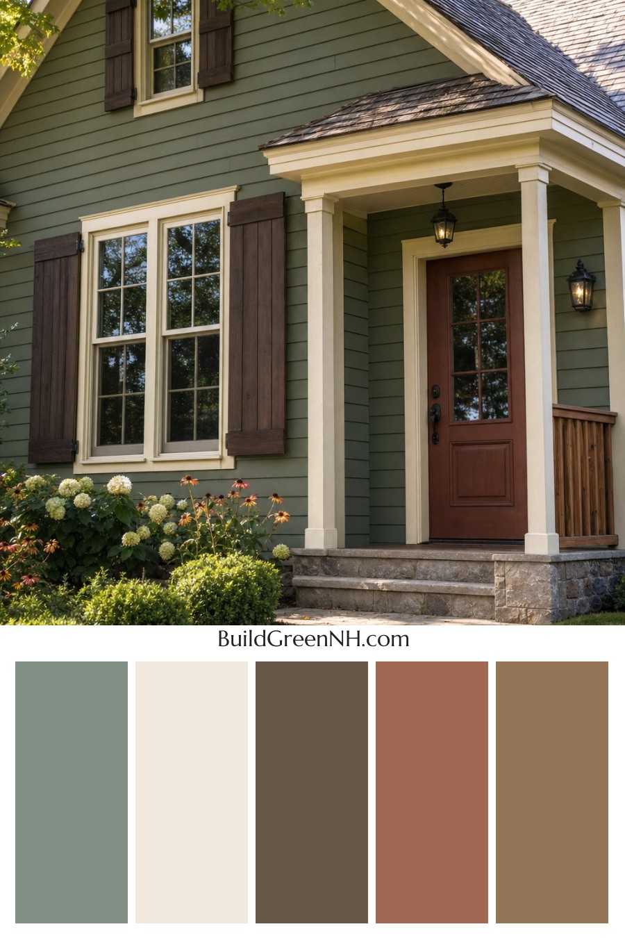 Earthy Green Cottage House Exterior Color Scheme: Sage Oatmeal Eaves