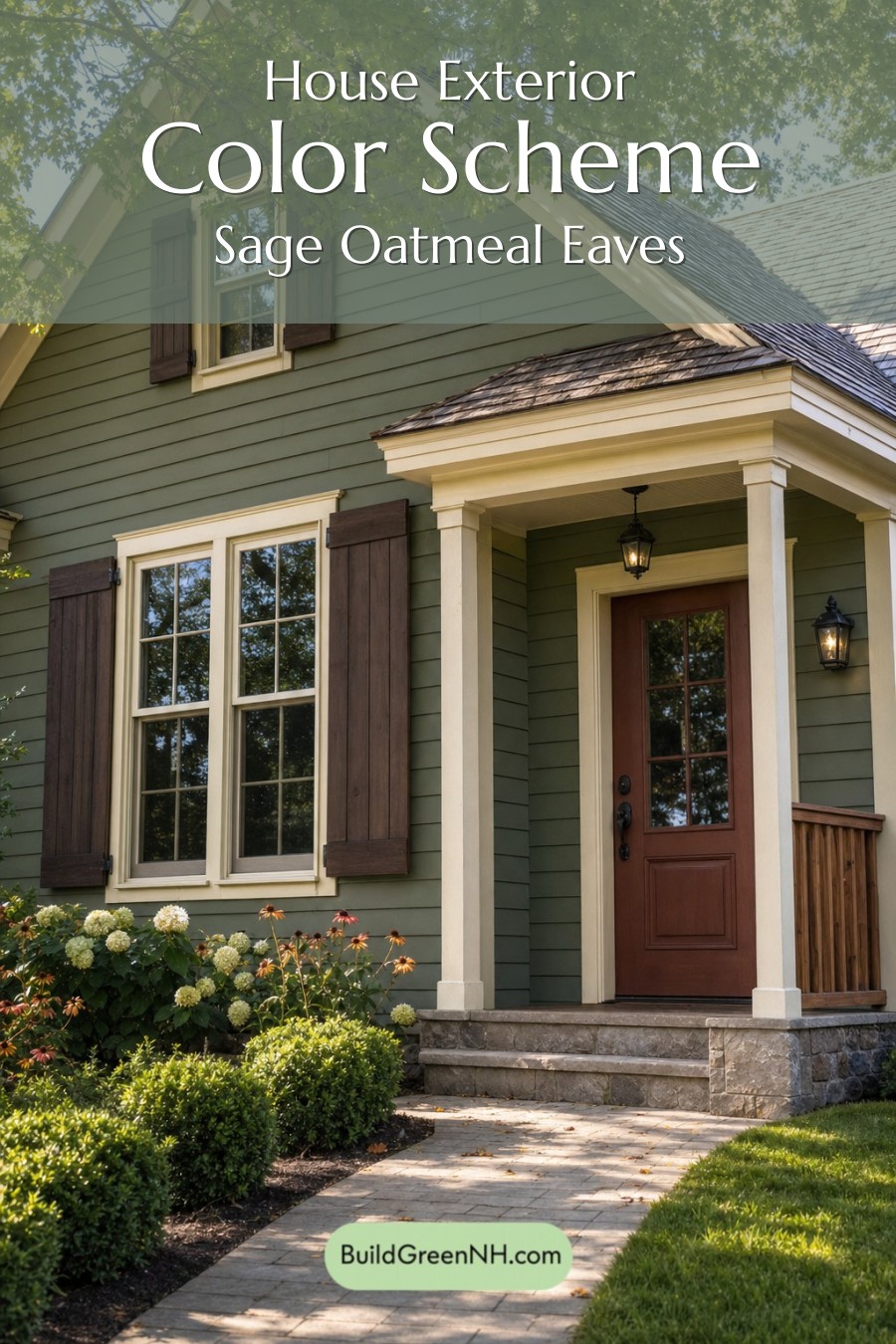 Earthy Green Cottage House Exterior Color Scheme: Sage Oatmeal Eaves