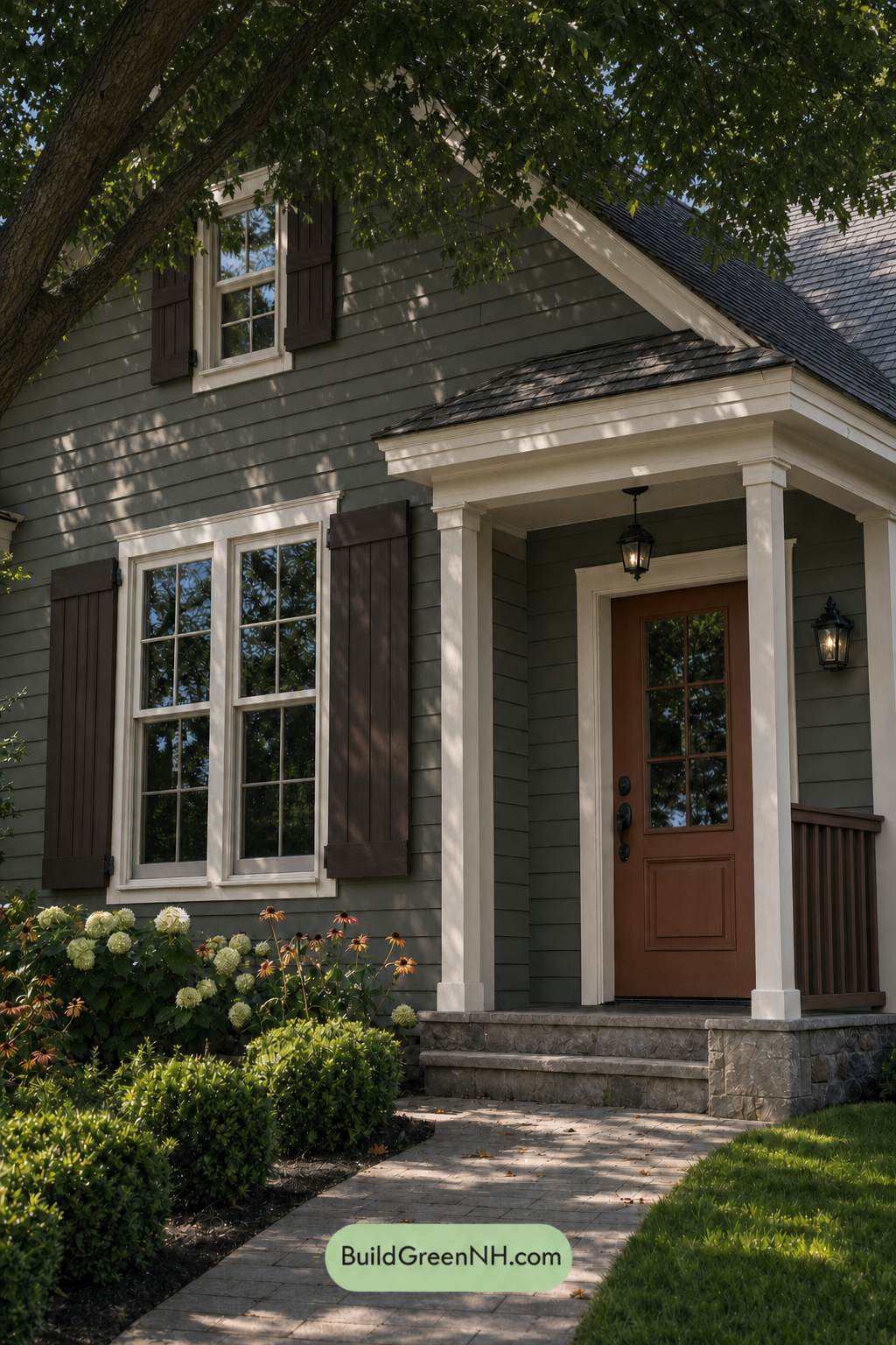 Earthy Green Cottage House Exterior Color Scheme: Sage Oatmeal Eaves - Shade