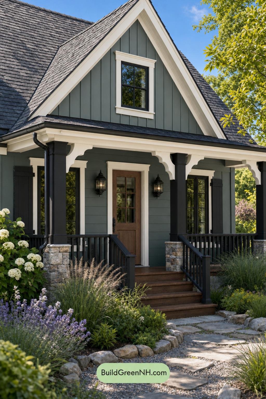 Earthy Green Cottage House Exterior Color Scheme: Shadow Fern Veranda