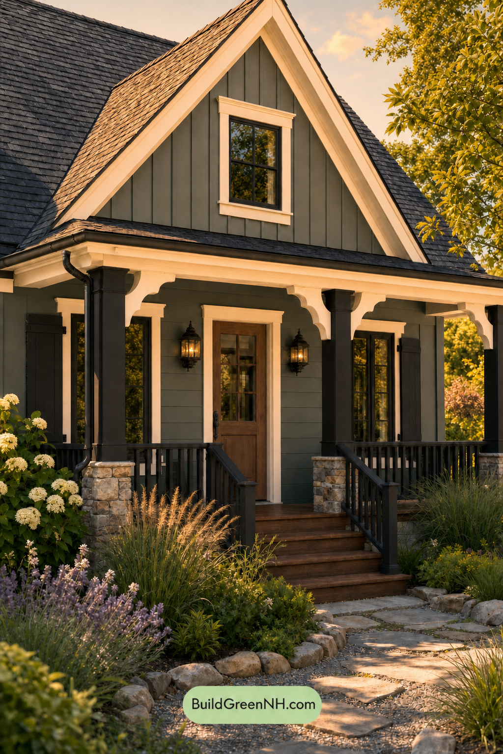 Earthy Green Cottage House Exterior Color Scheme: Shadow Fern Veranda - Golden Hour