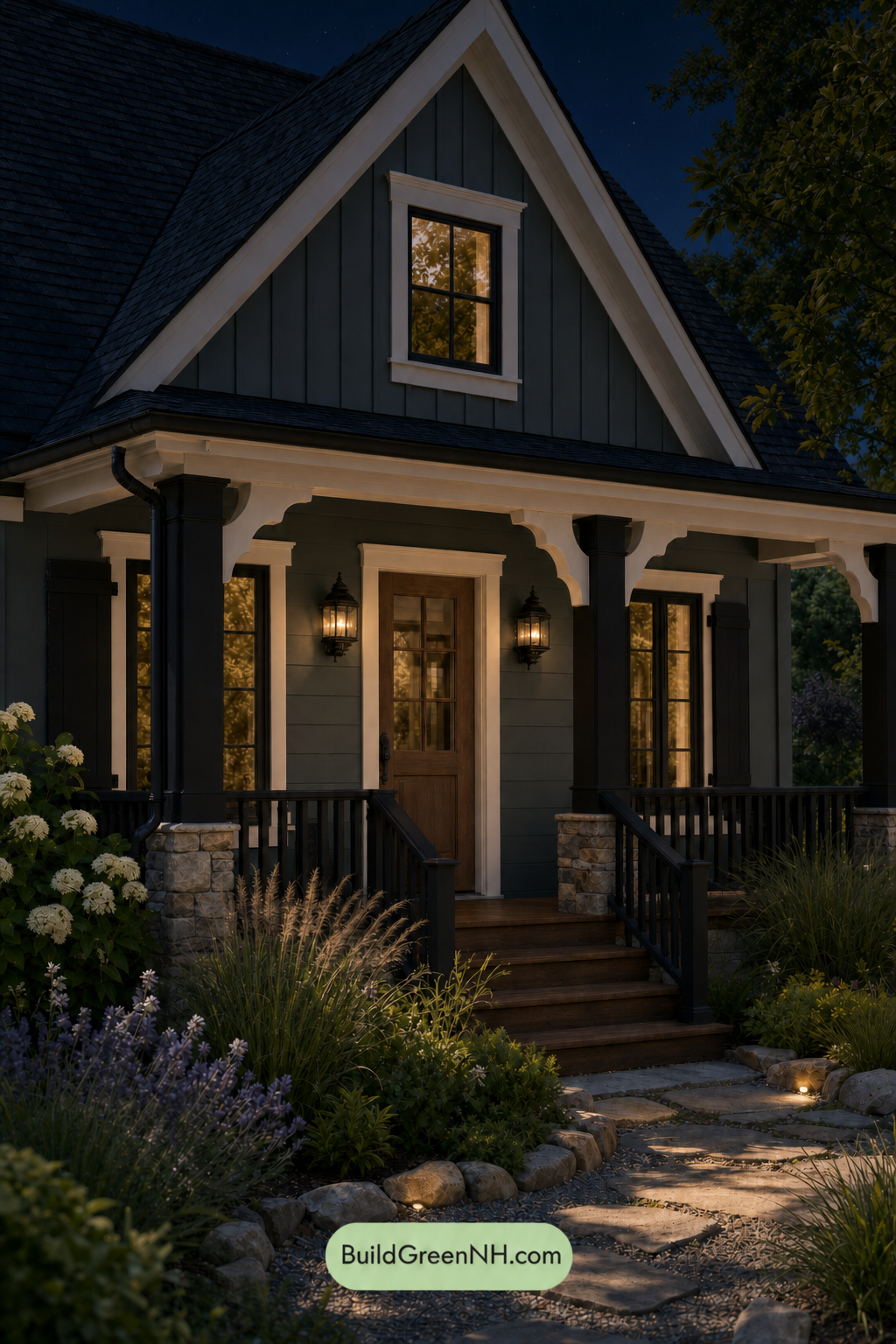 Earthy Green Cottage House Exterior Color Scheme: Shadow Fern Veranda - Nighttime