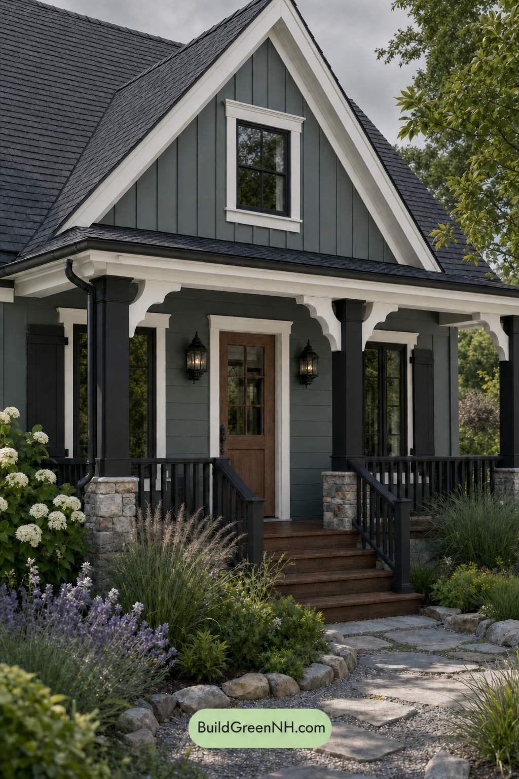 Earthy Green Cottage House Exterior Color Scheme: Shadow Fern Veranda - Overcast