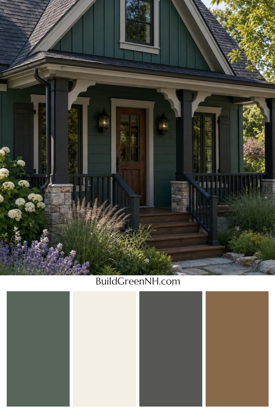 Earthy Green Cottage House Exterior Color Scheme: Shadow Fern Veranda