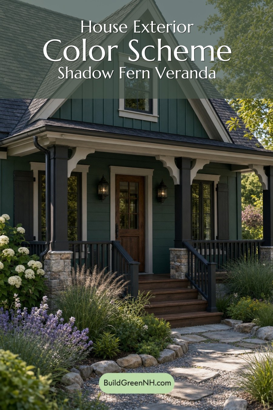 Earthy Green Cottage House Exterior Color Scheme: Shadow Fern Veranda