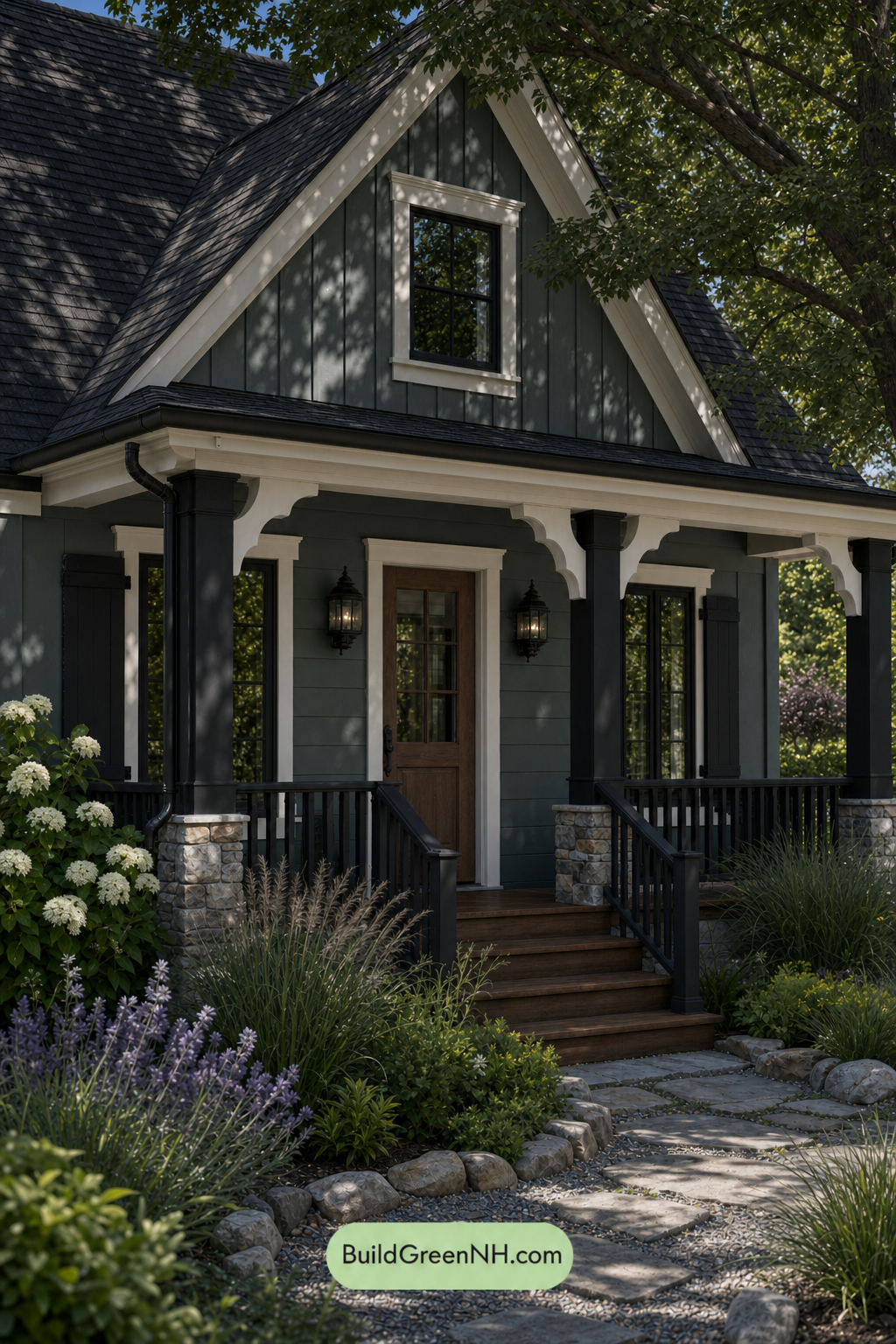 Earthy Green Cottage House Exterior Color Scheme: Shadow Fern Veranda - Shade