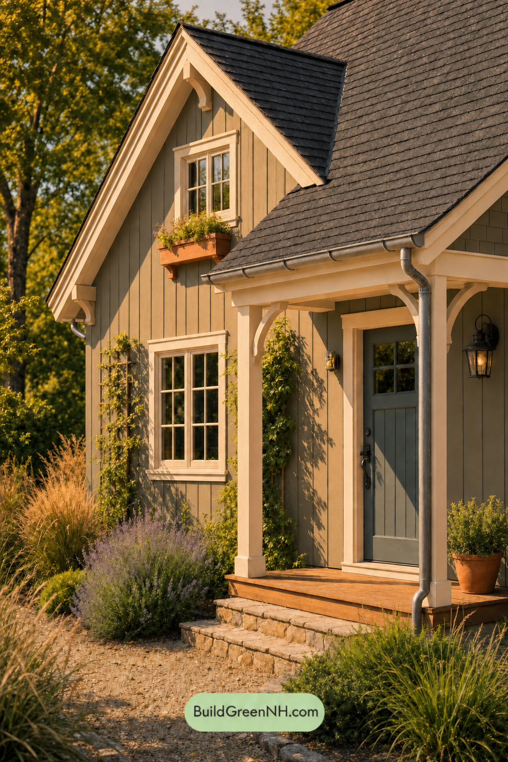 Earthy Green Cottage House Exterior Color Scheme: Smoked Olive Sand - Golden Hour