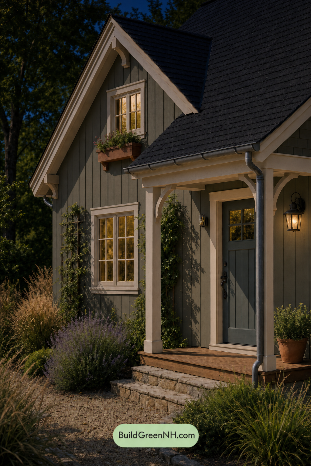 Earthy Green Cottage House Exterior Color Scheme: Smoked Olive Sand - Nighttime