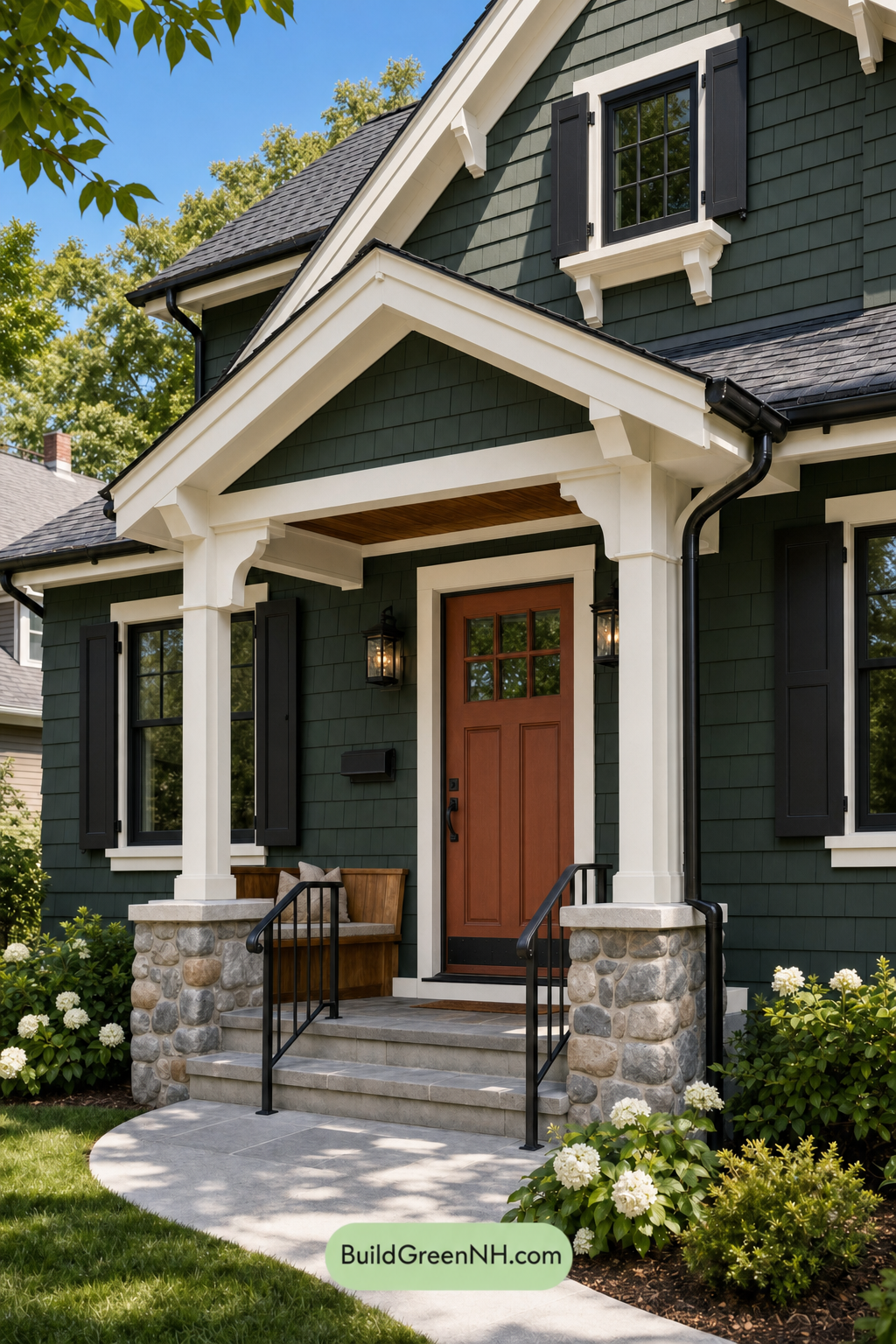 Earthy Green Cottage House Exterior Color Scheme: Spruce Noir White