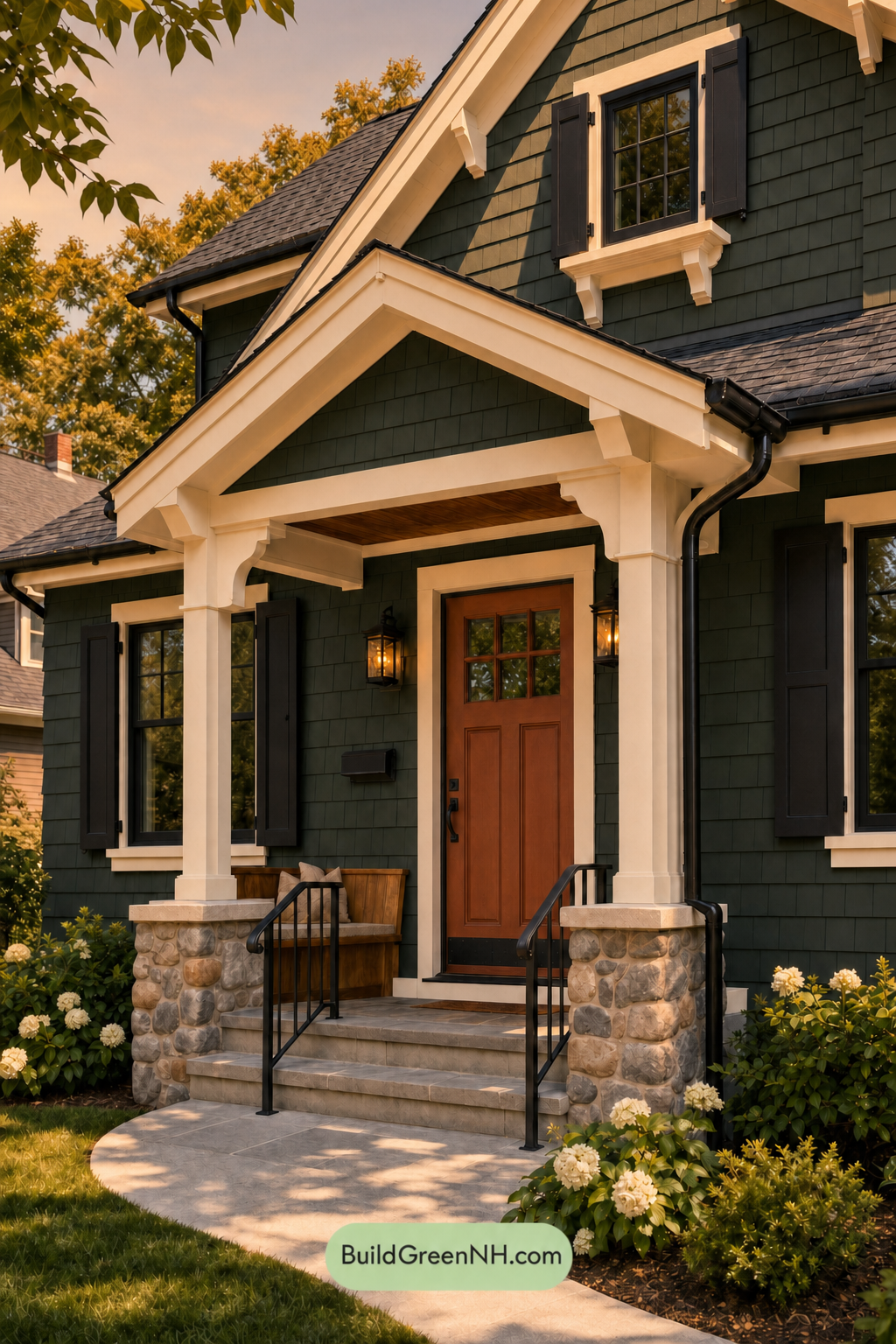 Earthy Green Cottage House Exterior Color Scheme: Spruce Noir White - Golden Hour