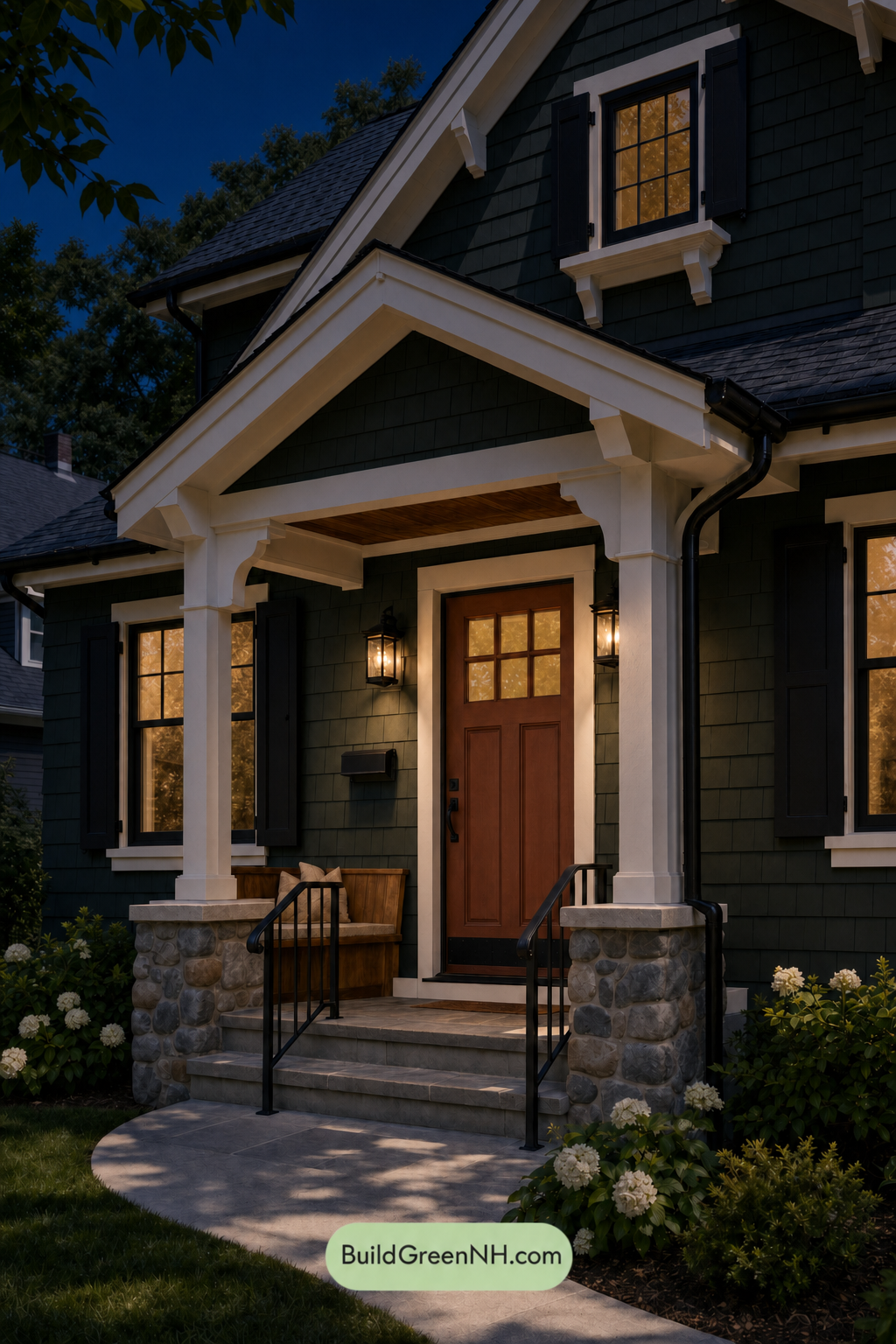 Earthy Green Cottage House Exterior Color Scheme: Spruce Noir White - Nighttime