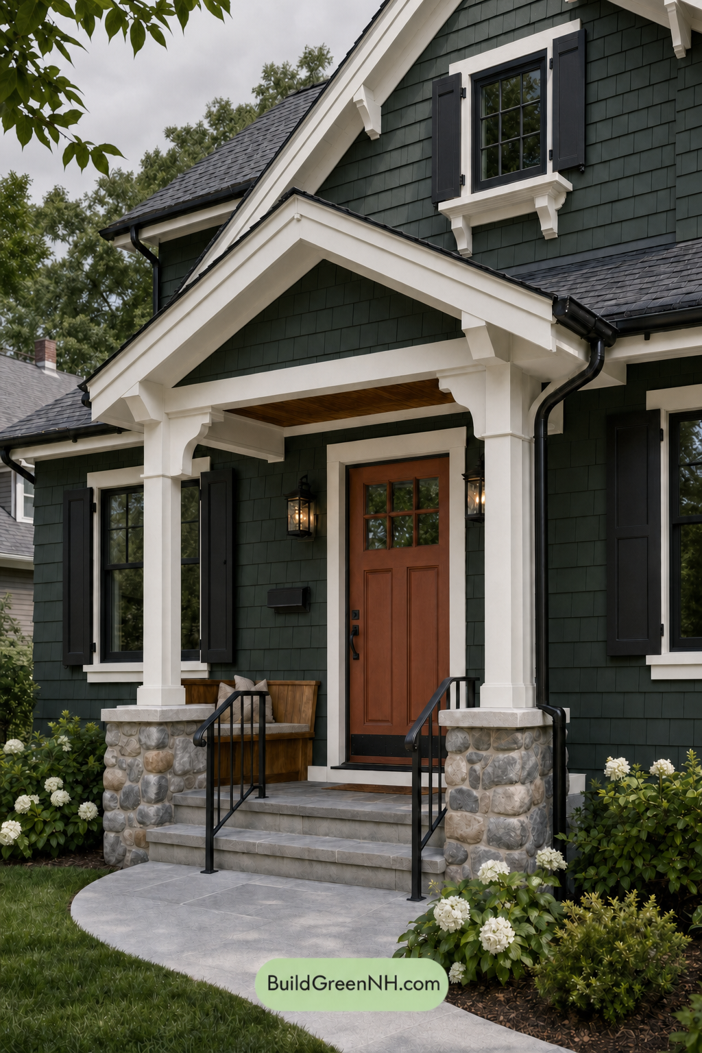 Earthy Green Cottage House Exterior Color Scheme: Spruce Noir White - Overcast