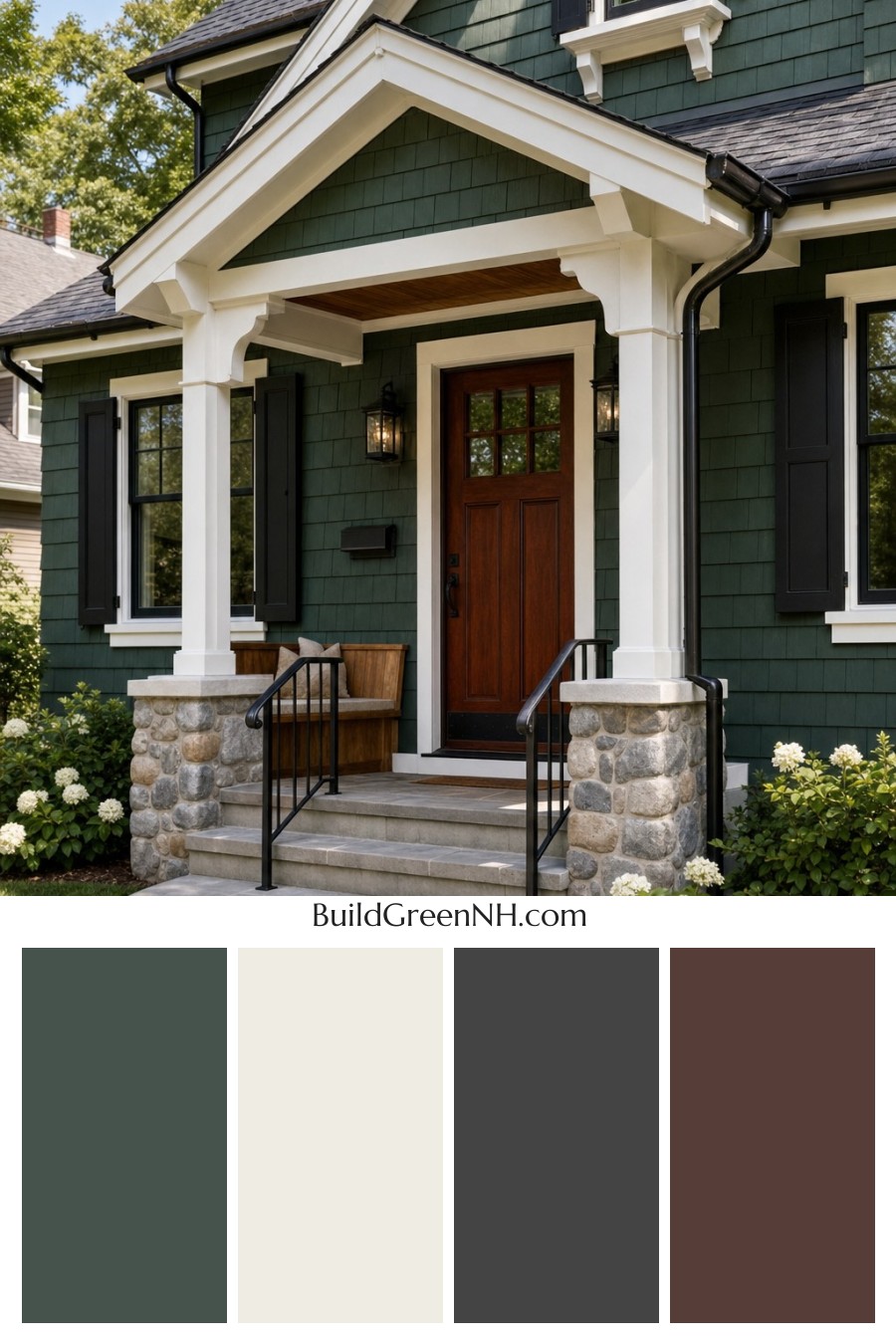 Earthy Green Cottage House Exterior Color Scheme: Spruce Noir White