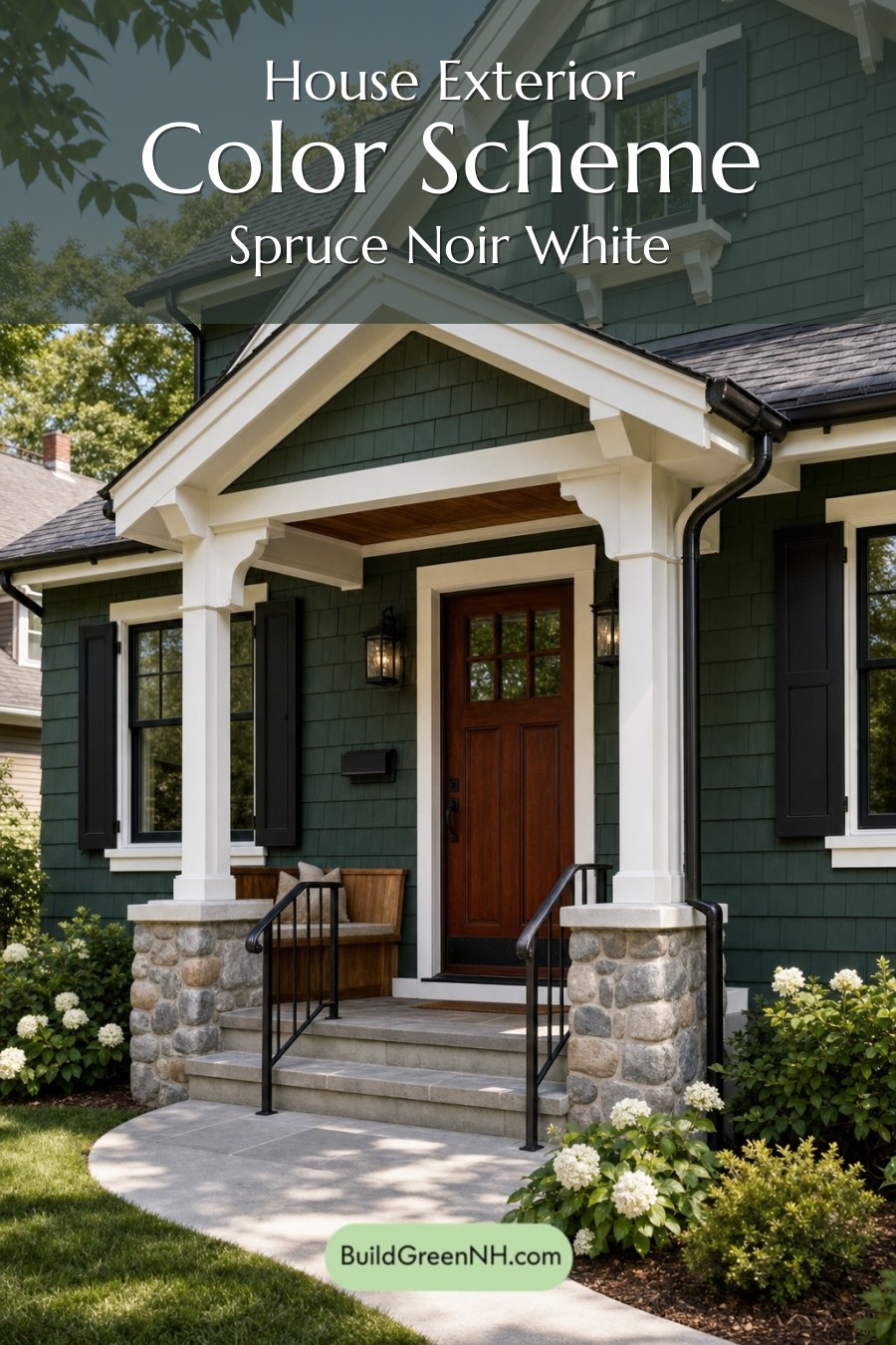 Earthy Green Cottage House Exterior Color Scheme: Spruce Noir White