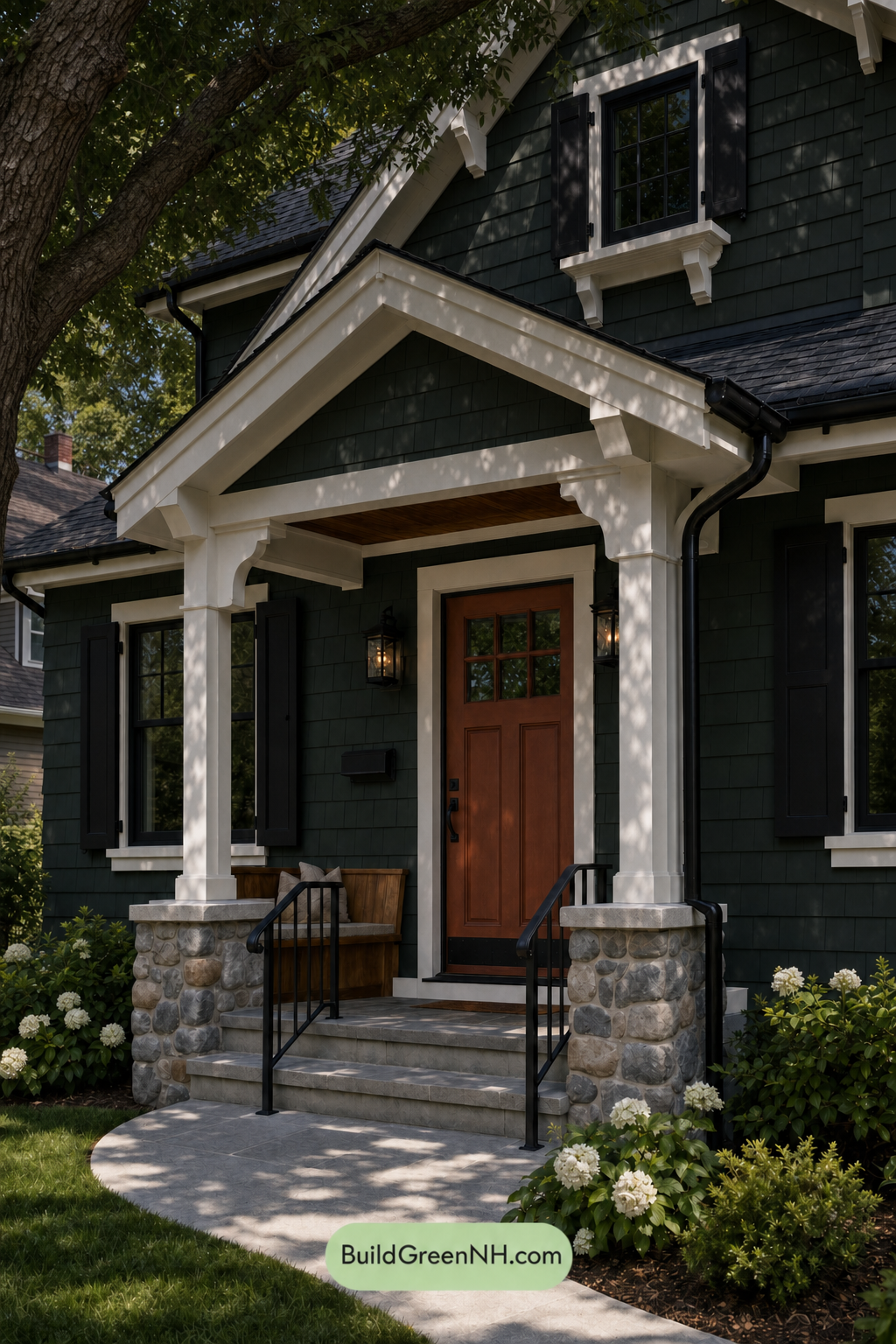 Earthy Green Cottage House Exterior Color Scheme: Spruce Noir White - Shade