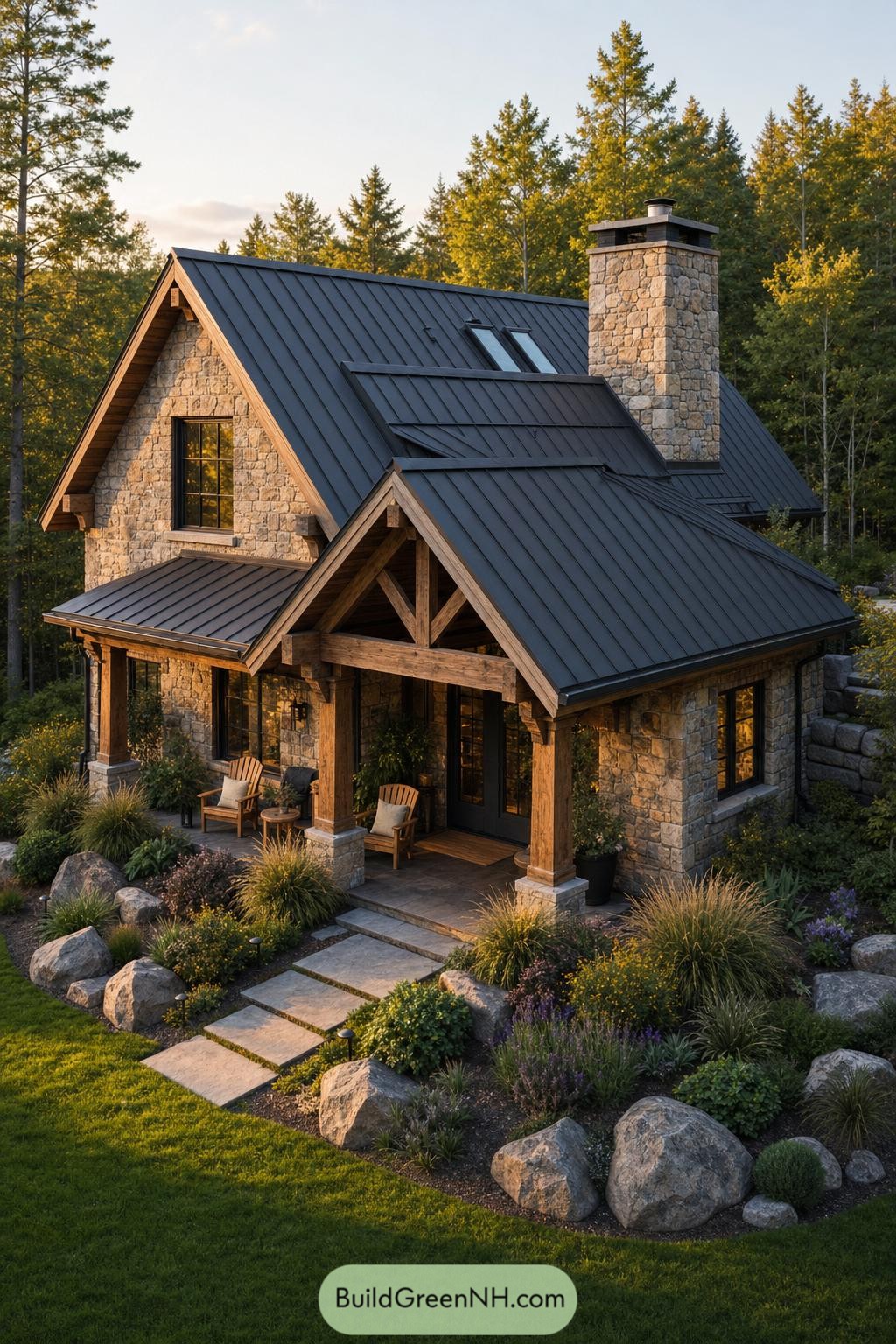 Stone and timber cottage with a dark metal roof and covered porch