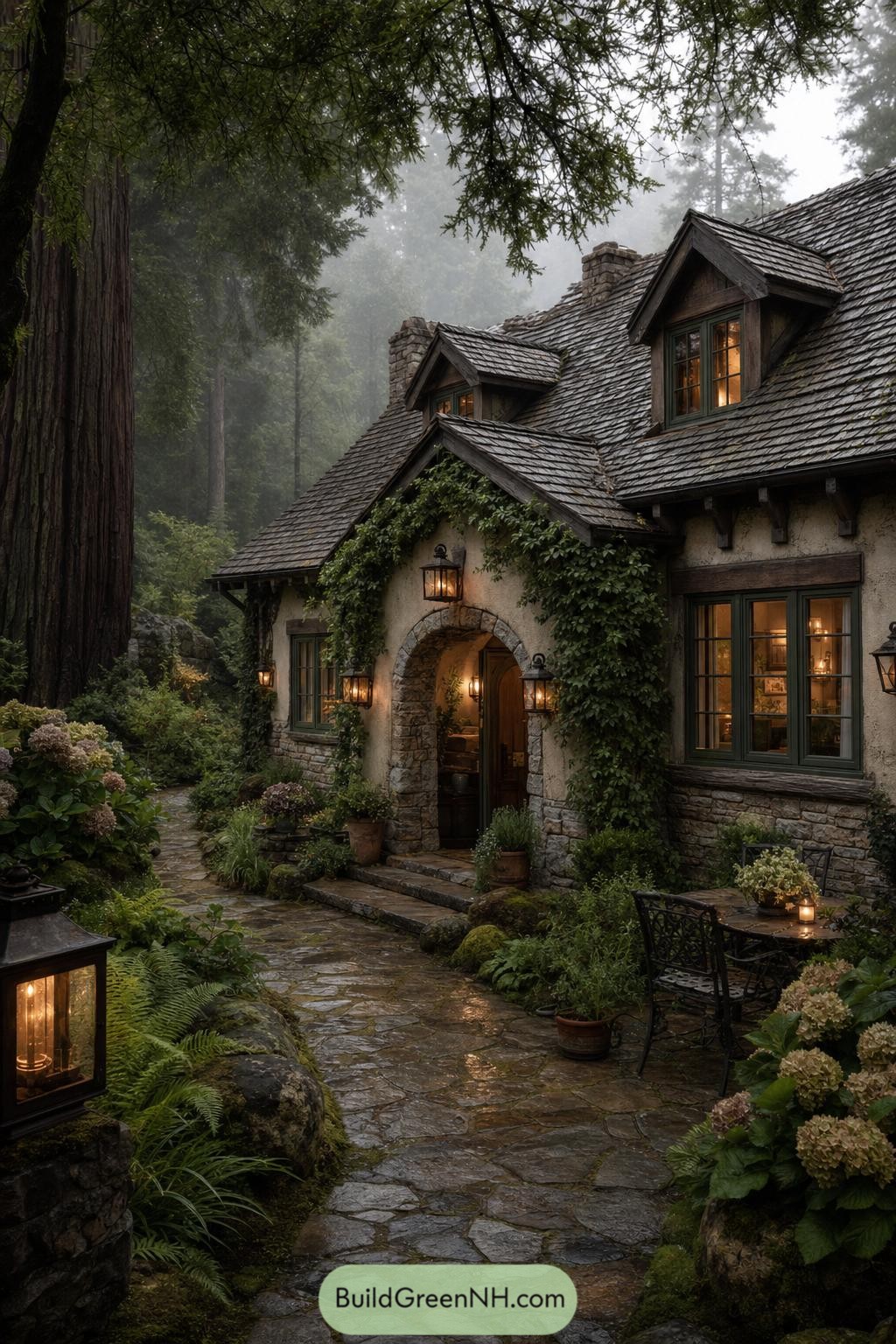 Ivy-clad cottage with stone archway beneath redwoods