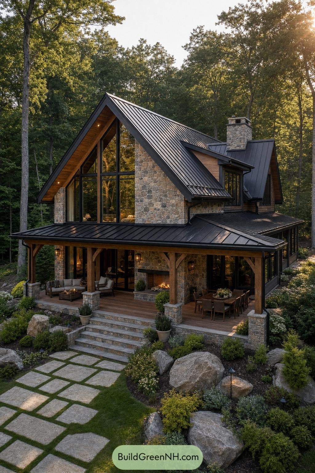 Woodland chalet with stone chimney and black metal roof