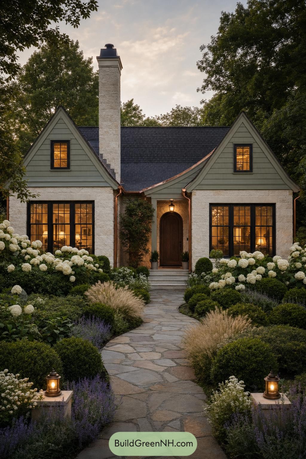 Stone cottage with sage gables and a blooming garden path