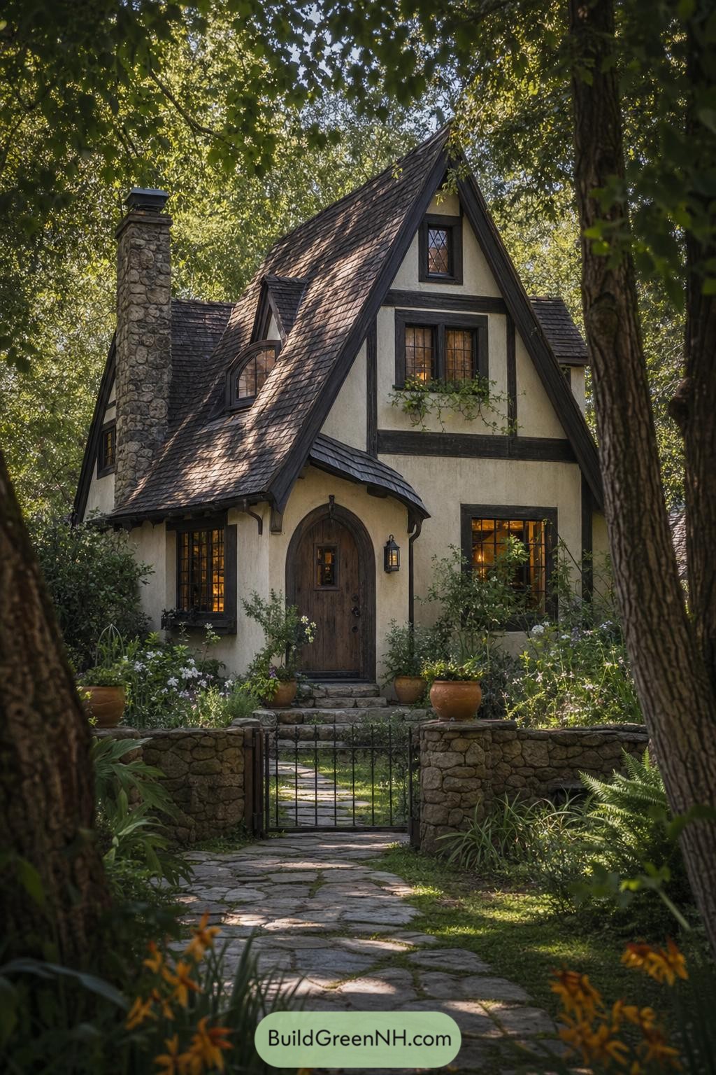 Woodland Tudor cottage with steep roof and stone chimney