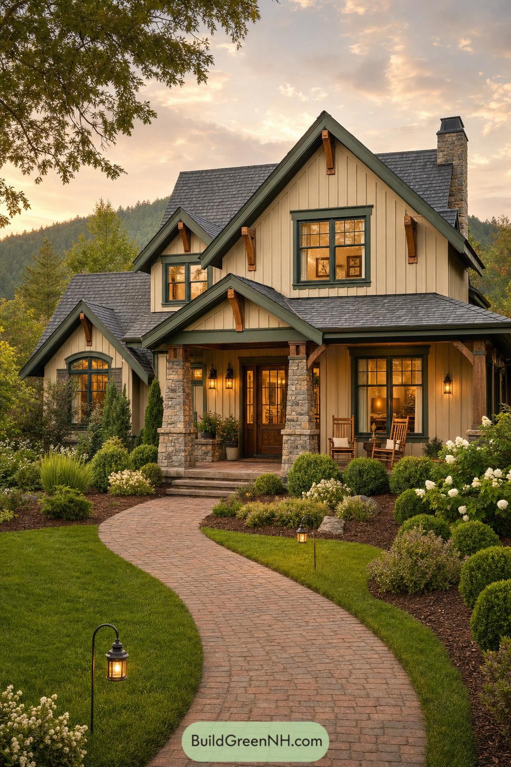Cream Craftsman home with stone porch and garden path