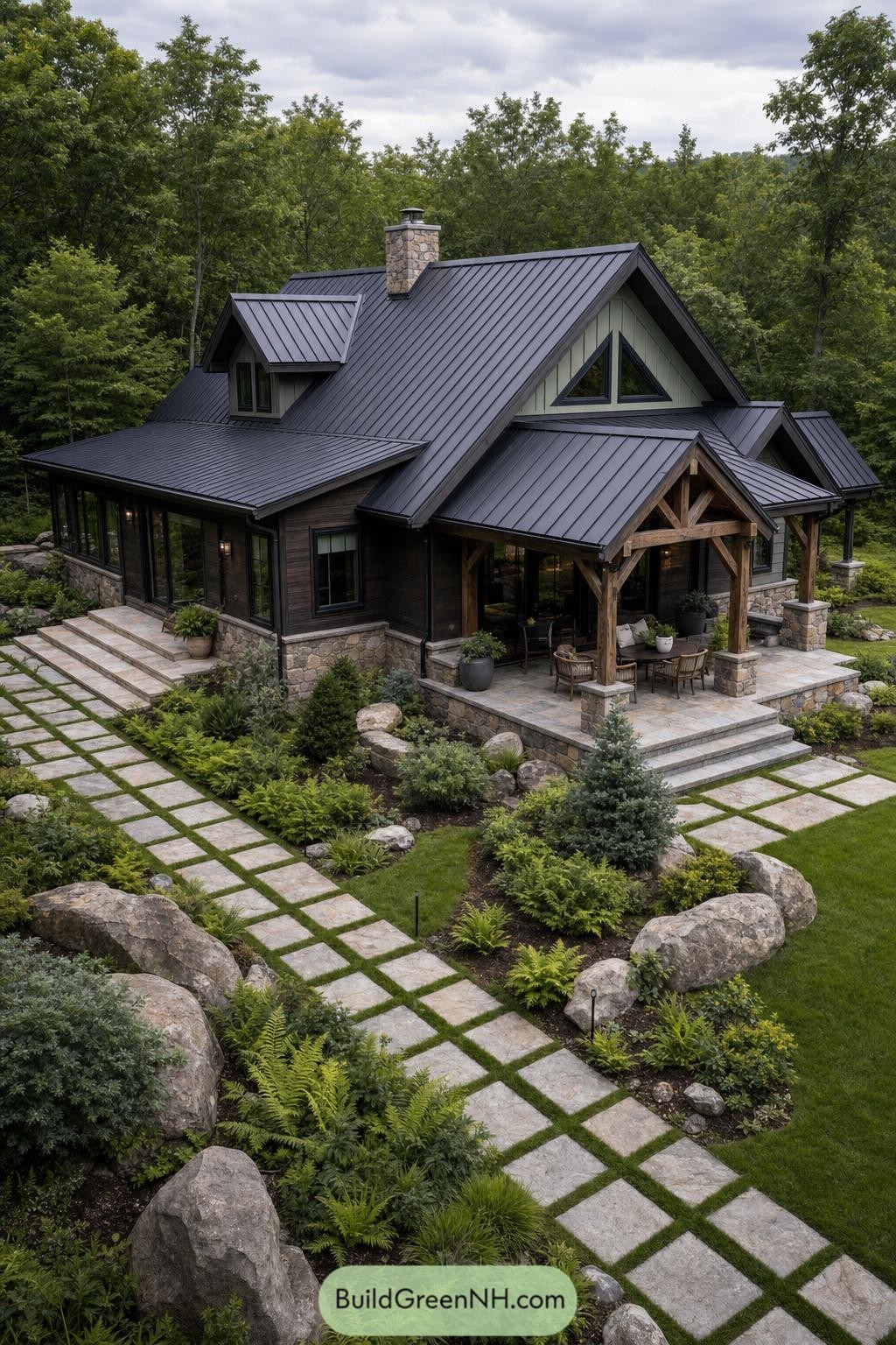 Dark timber house with stone chimney and covered porch among lush trees