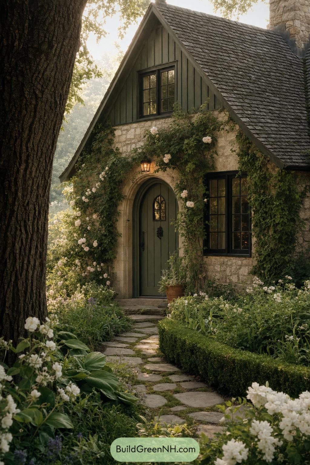 Stone cottage with a green arched door and climbing roses