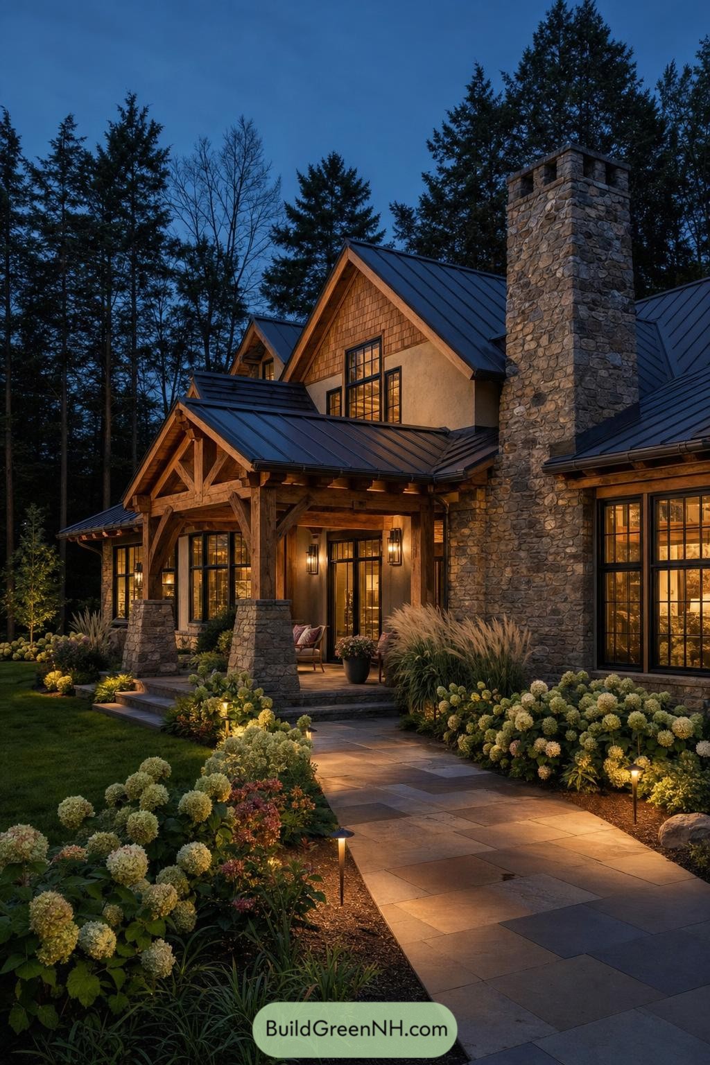 Stone and timber manor with glowing porch amid evergreens